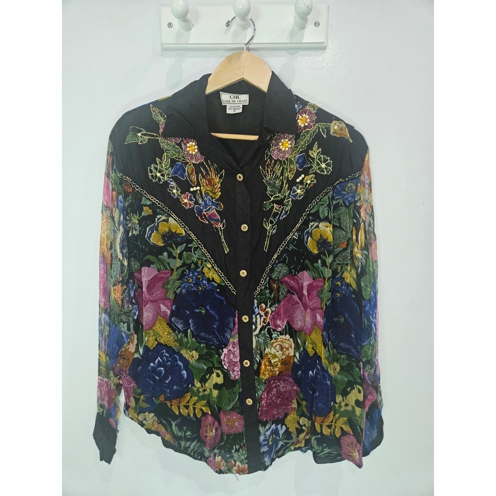 CMC Call Me Crazy Vintage Floral Embroidered Beaded Sheer Blouse Black Medium